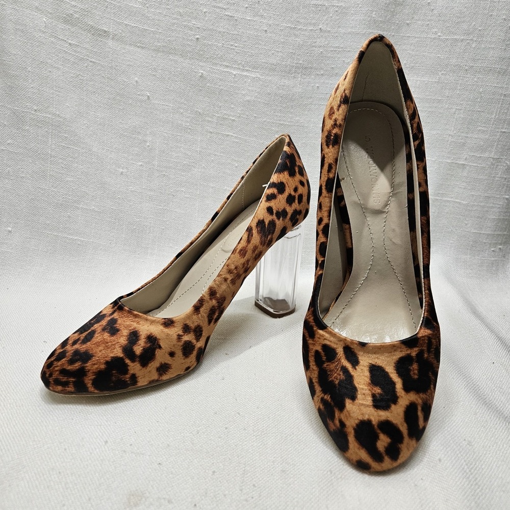 Woolworths Pumps Womens 5 Tan Leopard Animal Print Lucite Clear Block Heel Shoes